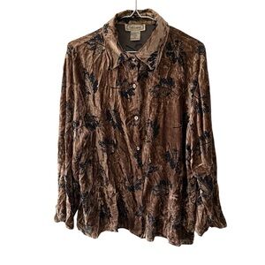 Silkland Velvet Burnout Semi Sheer Button Up Shirt Women Large Brown Leaf Fairy